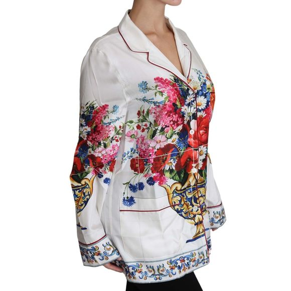 Dolce & Gabbana White Flower Vase Print Silk Lounge Blouse Top - Picture 3 of 6